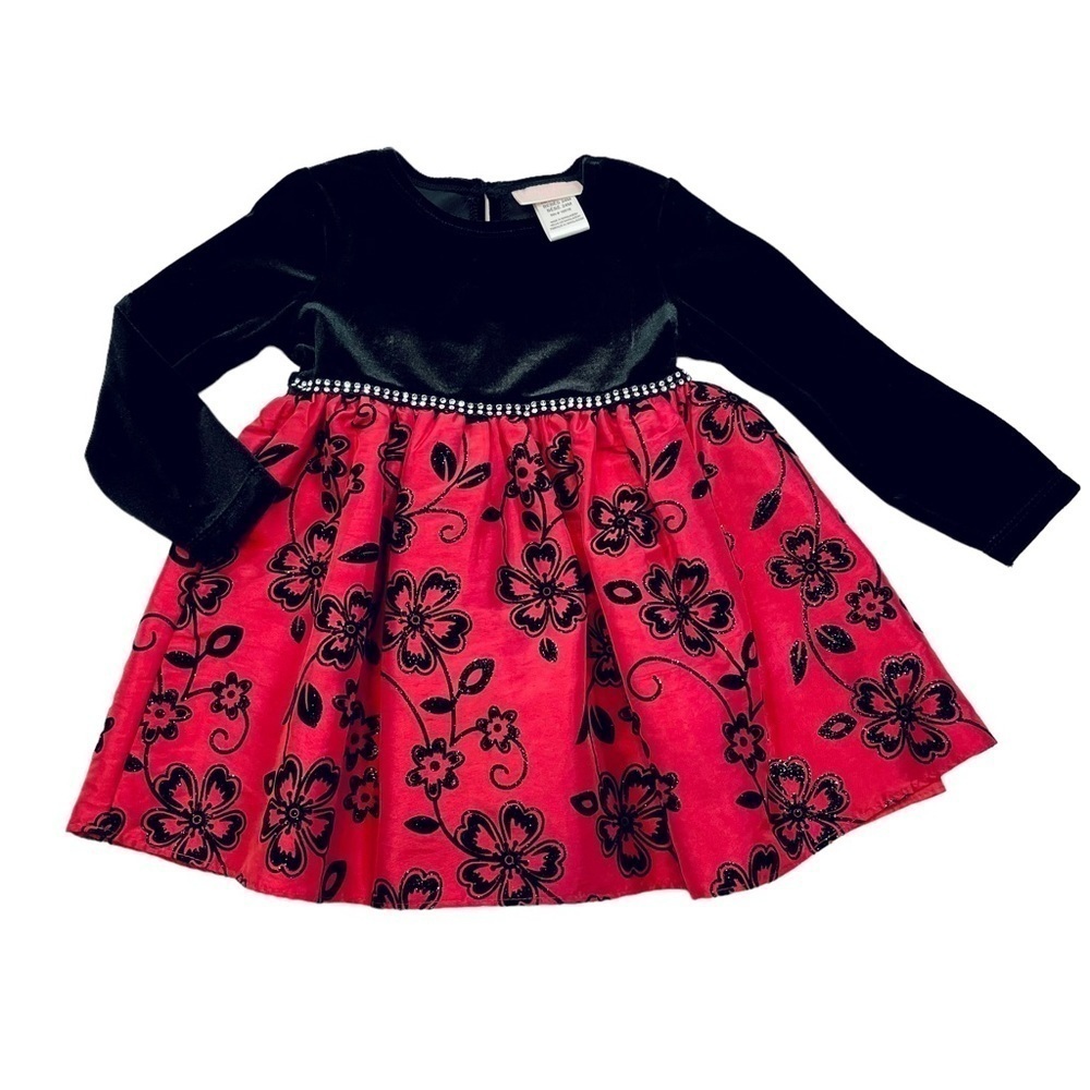 YOUNGLAND Floral and Velvet Formal Holiday Dress Girl Red Black